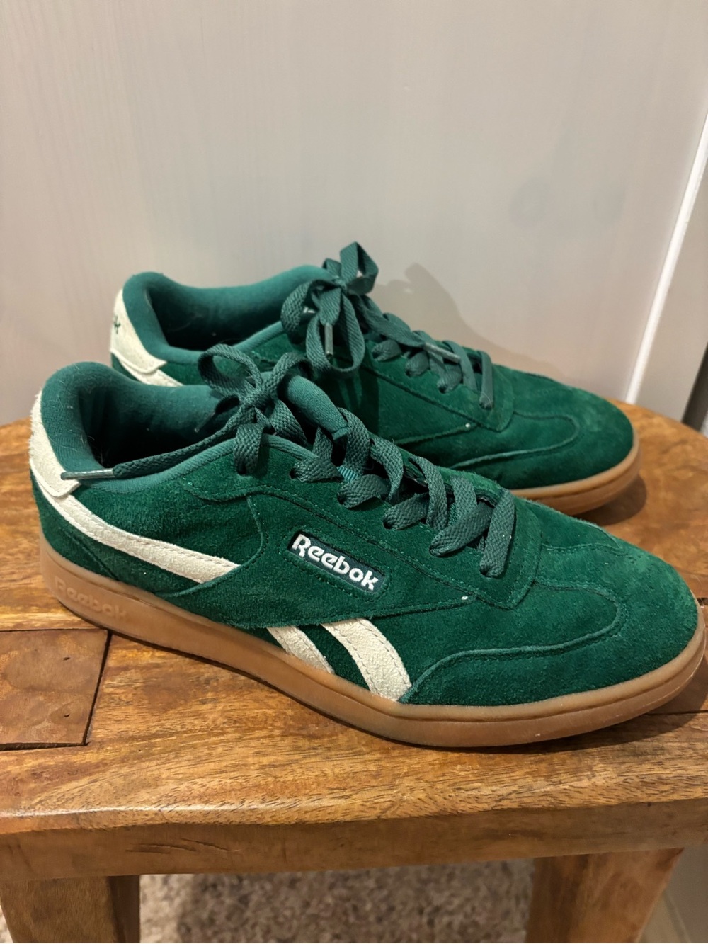Reebok Men's Dark Green Suede Sneakers with Cream Stripes and Gum Sole